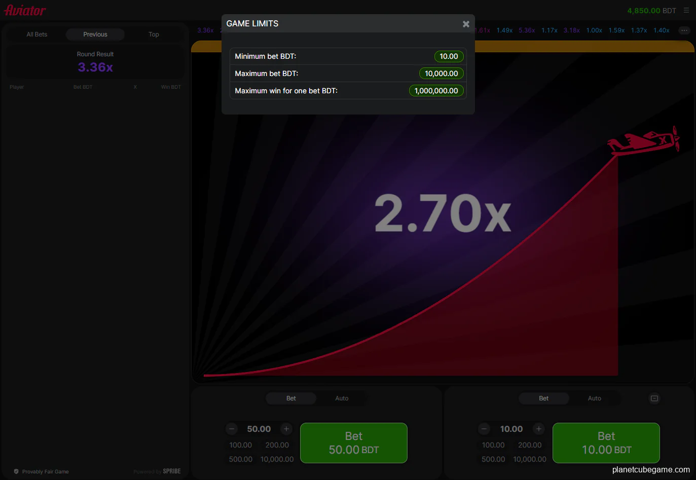 Screenshot of money limits in Aviator online