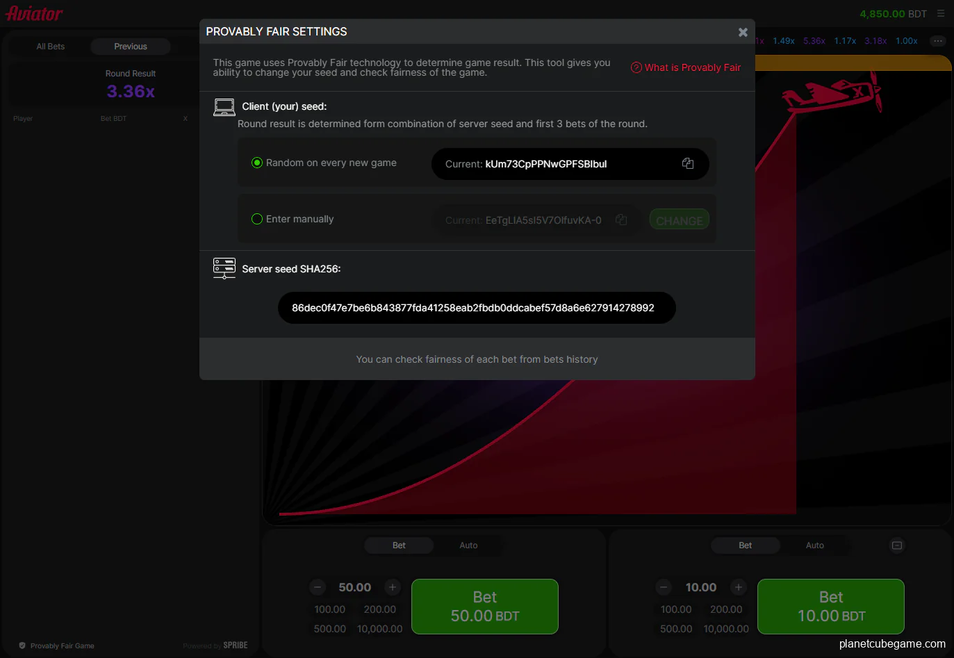 Screenshot of Aviator game honesty test
