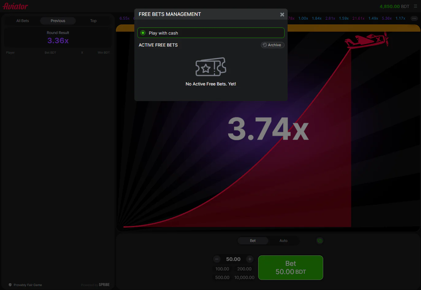 Screenshot of freebet section of online Aviator